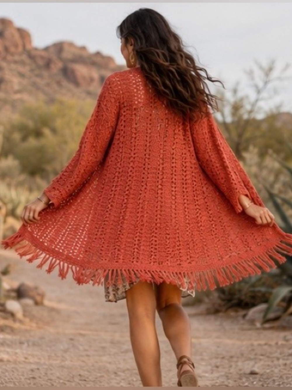 Coral Lace Fringe Cardigan by Self Esteem Boho Knit Long Sleeve Duster Festival